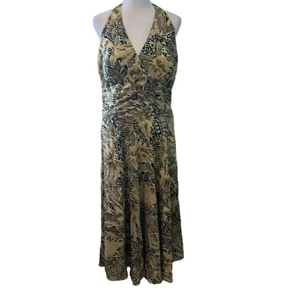 Studio 1940 sz12 halter back zip tropical print faux wrap front dress EUC